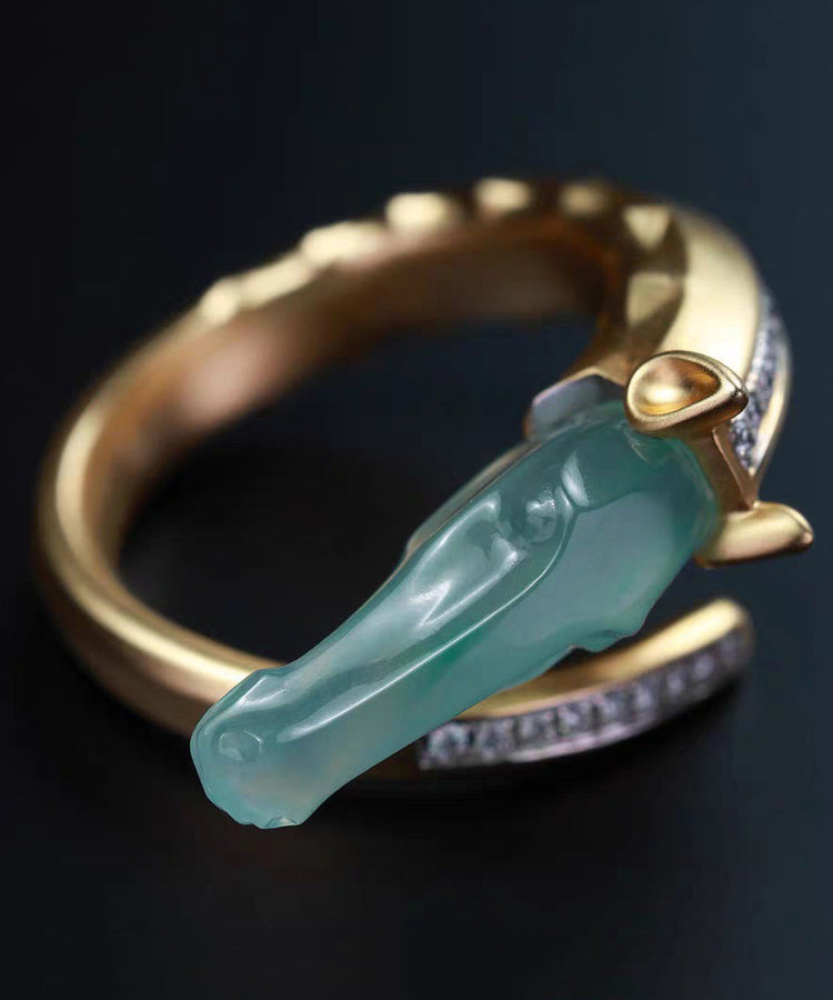Modern Gold Asymmetric Zircon Copper Rings Jade Horse Head - Omychic