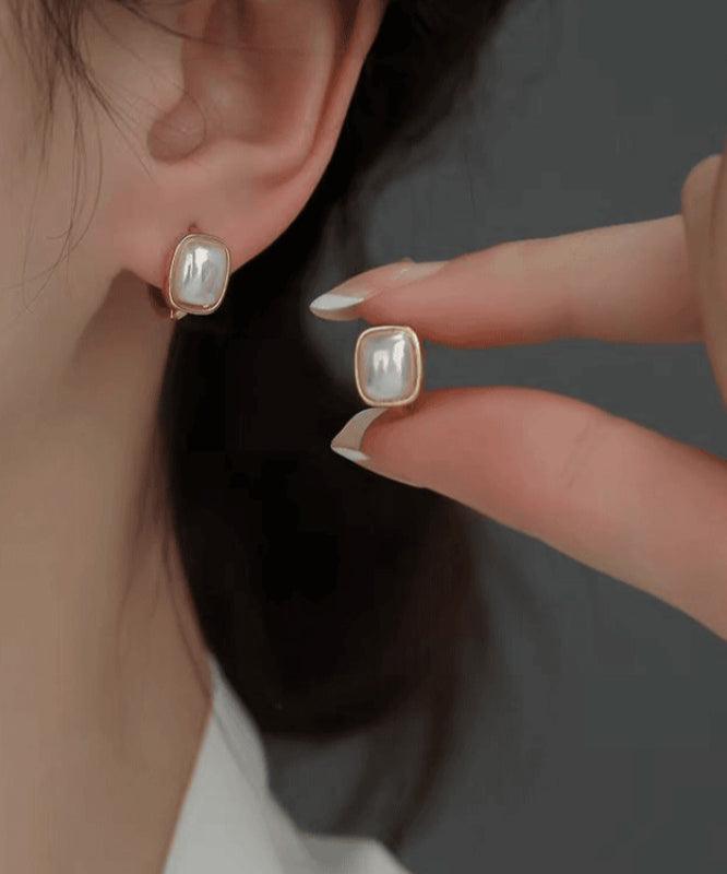 Modern Gold Copper Alloy Square Pearl Hoop Earrings