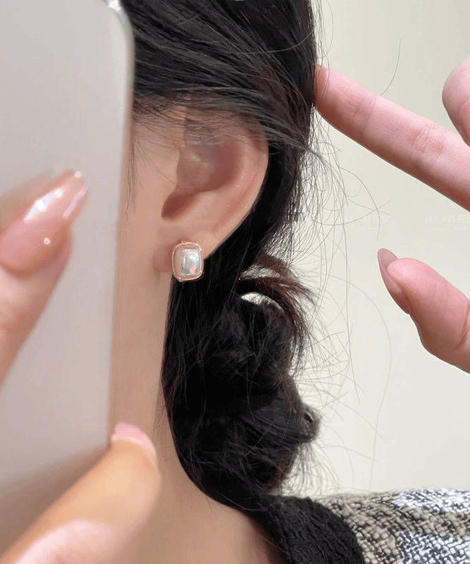 Modern Gold Copper Alloy Square Pearl Hoop Earrings