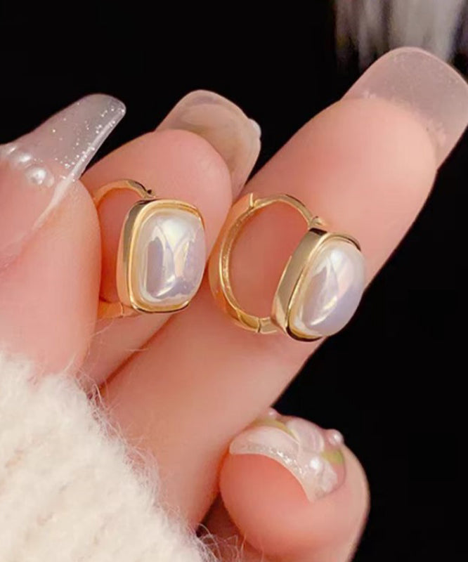 Modern Gold Copper Alloy Square Pearl Hoop Earrings