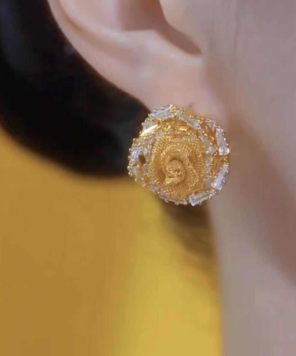 Modern Gold Copper Alloy Tulle Zircon Rose Stud Earrings