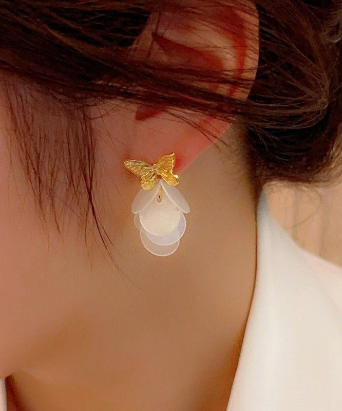 Modern Gold Copper Overgild Butterfly Shell Drop Earrings - Omychic