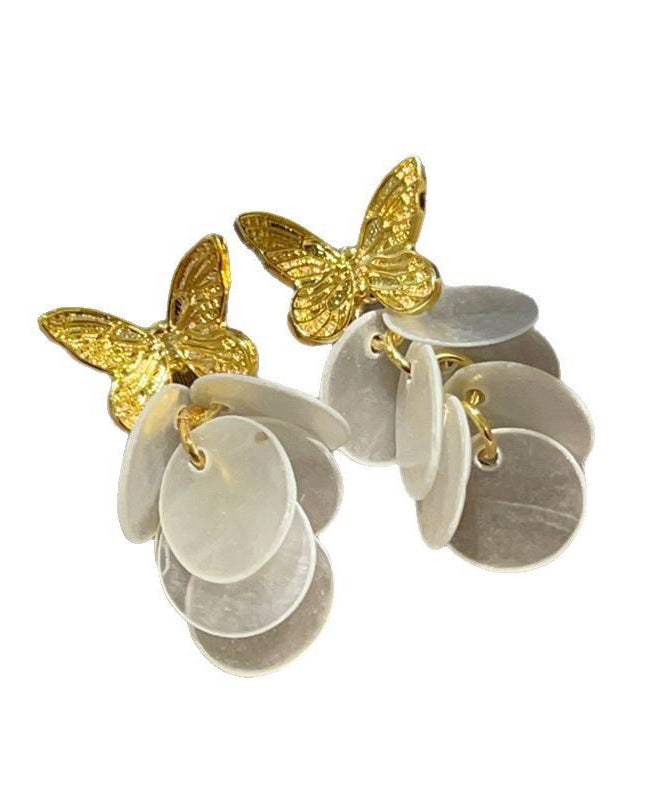 Modern Gold Copper Overgild Butterfly Shell Drop Earrings - Omychic