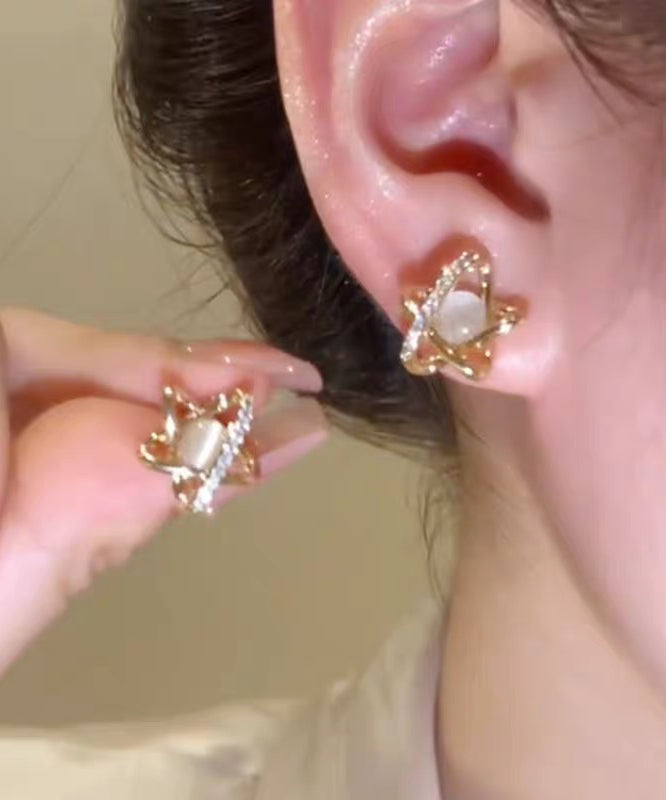 Modern Gold Copper Overgild Zircon Cat's Eye Stud Earrings - Omychic