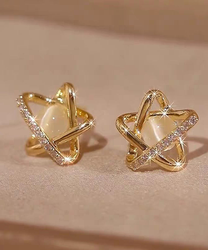 Modern Gold Copper Overgild Zircon Cat's Eye Stud Earrings - Omychic