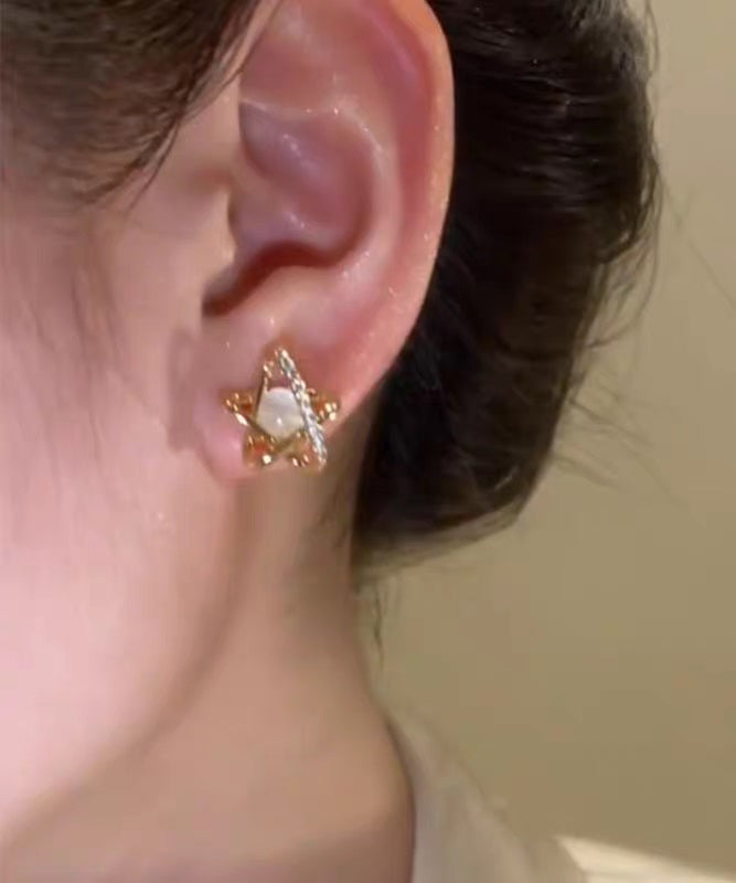 Modern Gold Copper Overgild Zircon Cat's Eye Stud Earrings - Omychic