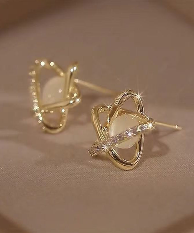 Modern Gold Copper Overgild Zircon Cat's Eye Stud Earrings - Omychic