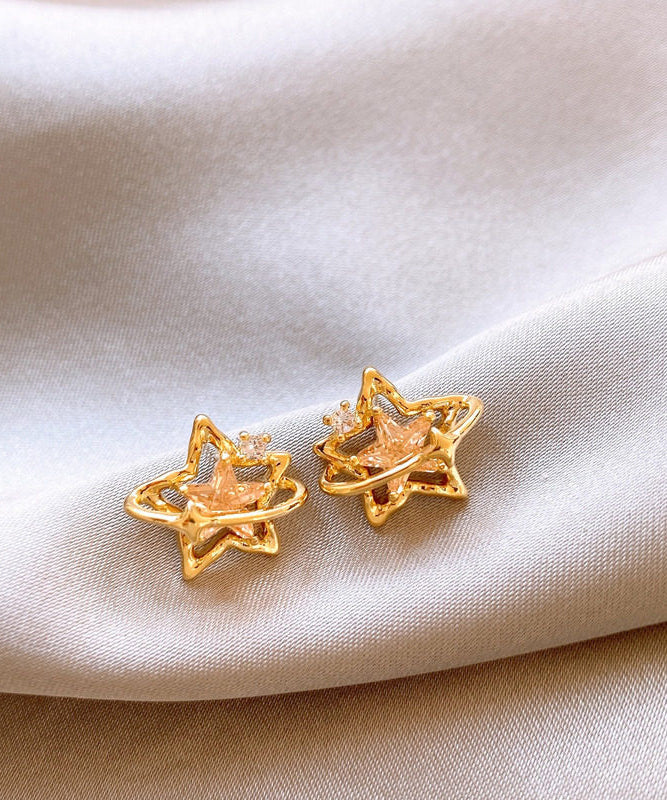 Modern Gold Copper Overgild Zircon Hollow Out Star Stud Earrings