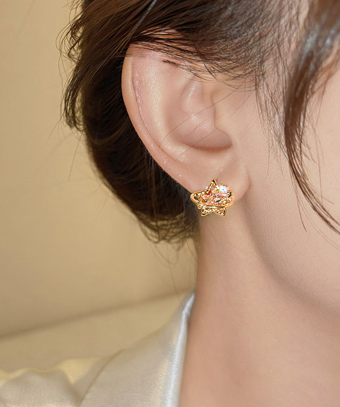 Modern Gold Copper Overgild Zircon Hollow Out Star Stud Earrings