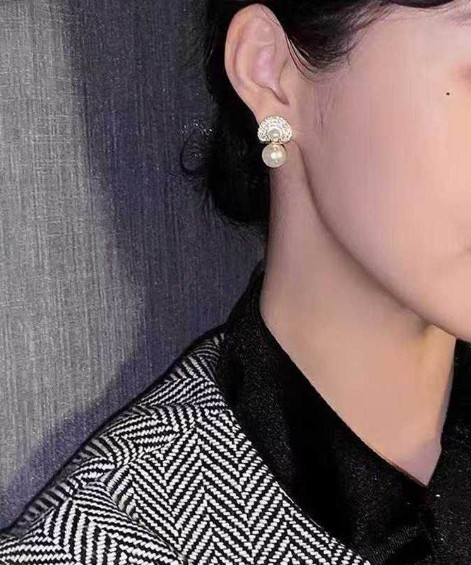 Modern Gold Copper Overgild Zircon Pearl Stud Earrings