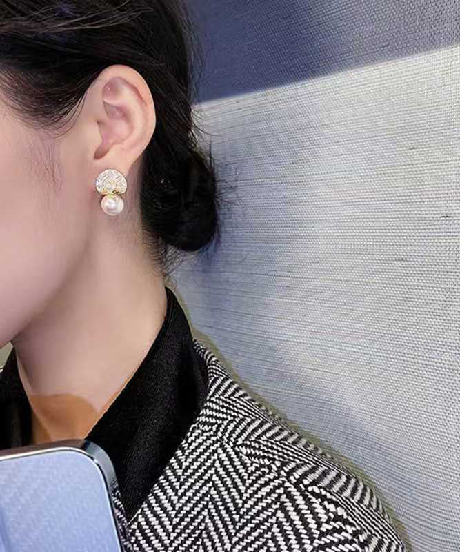 Modern Gold Copper Overgild Zircon Pearl Stud Earrings