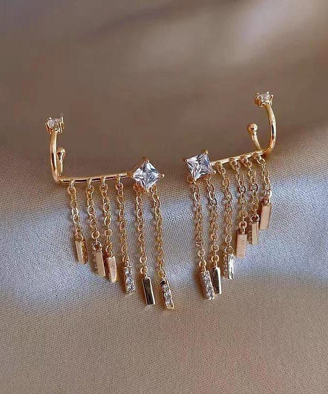 Modern Gold Copper Overgild Zircon Tassel Drop Earrings