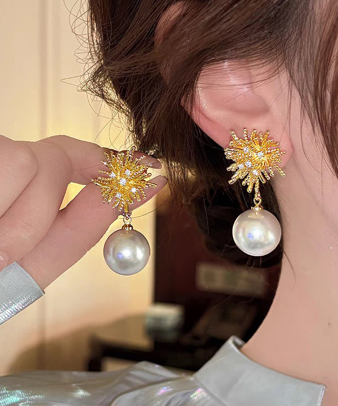 Modern Gold Metal Alloy Zircon Fireworks Pearl Drop Earrings