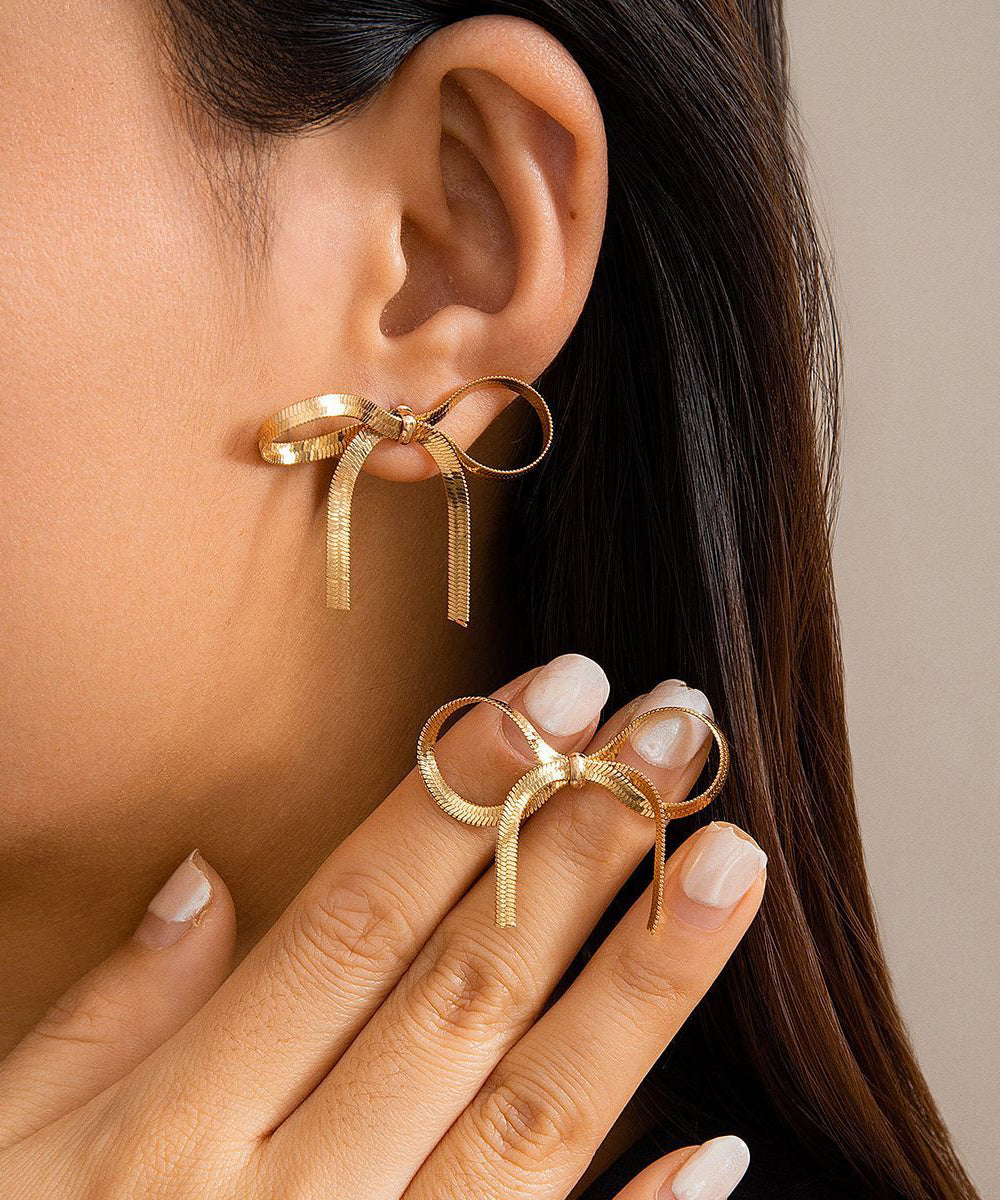 Modern Gold Metal Overgild Bow Tassel Hoop Earrings