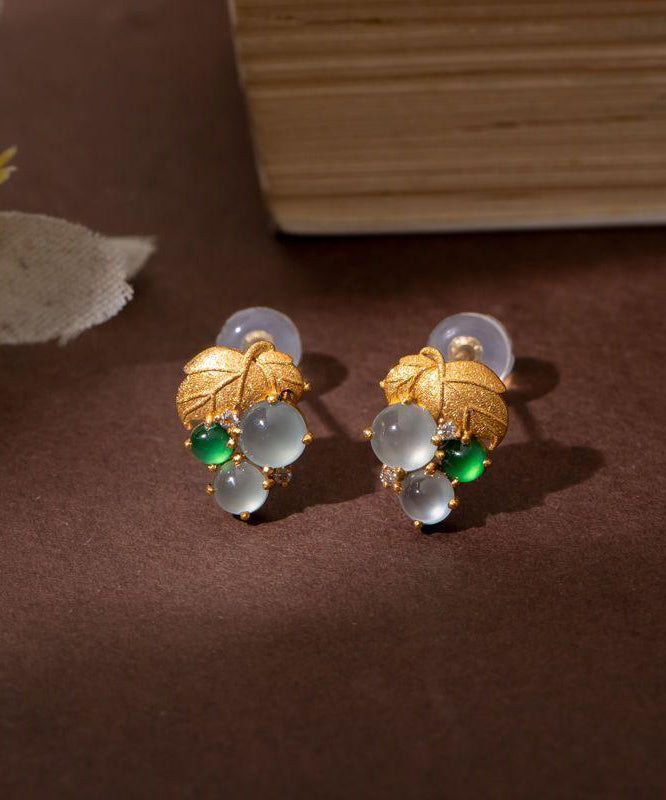 Modern Gold Sterling Silver Overgild Jade Grape Stud Earrings