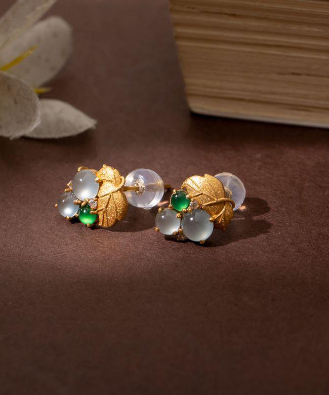 Modern Gold Sterling Silver Overgild Jade Grape Stud Earrings