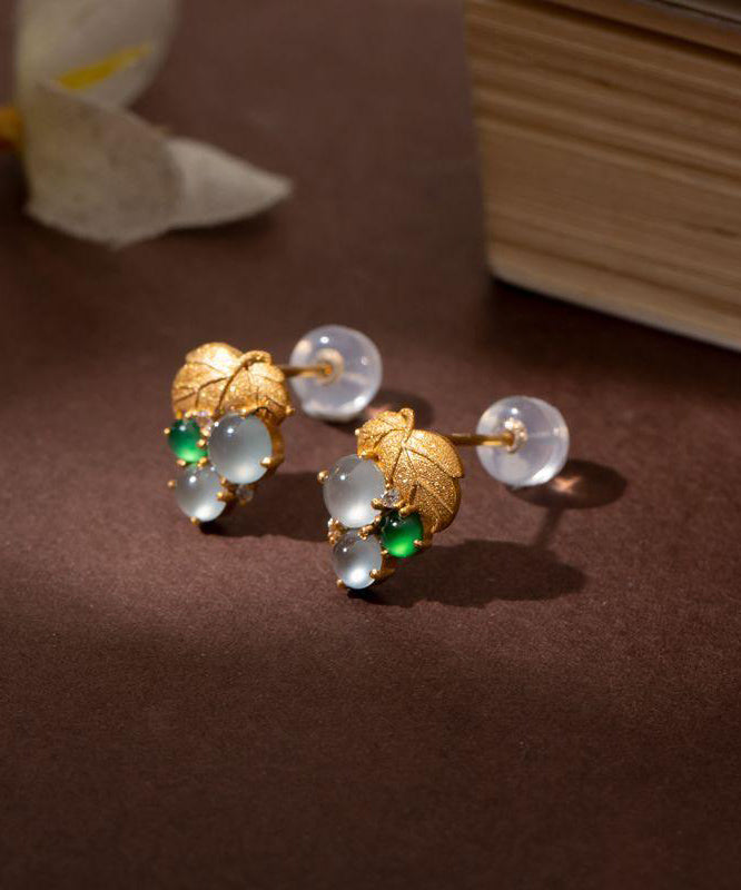 Modern Gold Sterling Silver Overgild Jade Grape Stud Earrings