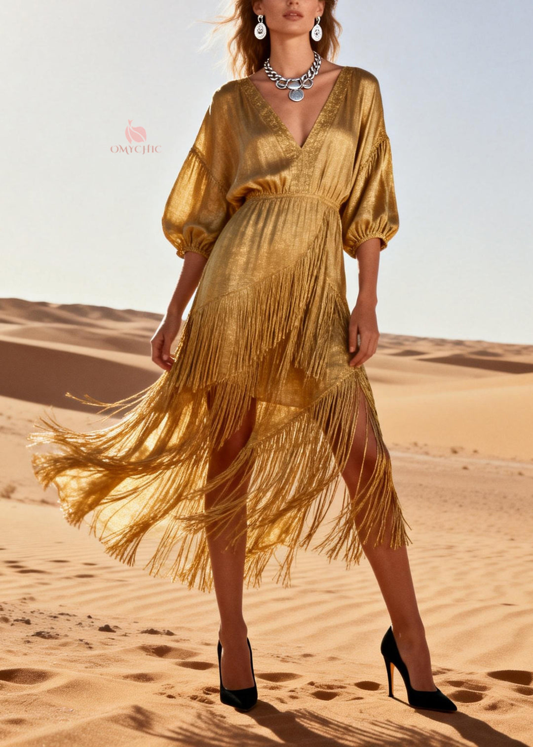 Modern Gold V Neck Tassel Patchwork Cotton Dress Summer - Omychic