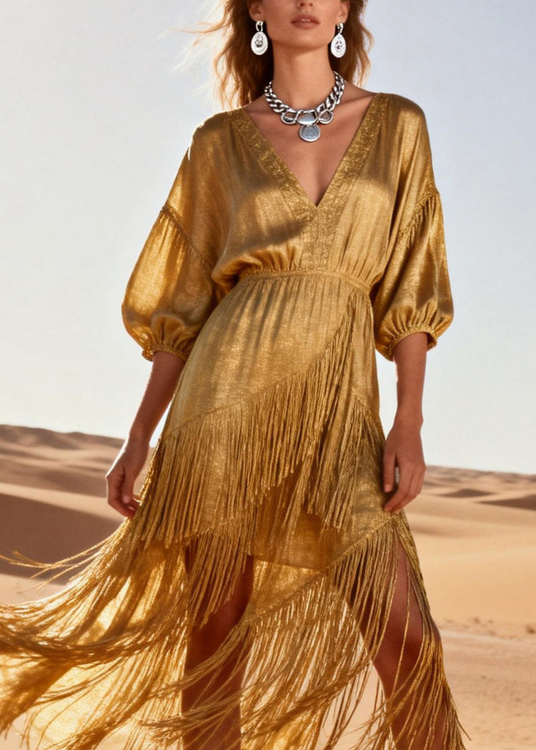 Modern Gold V Neck Tassel Patchwork Cotton Dress Summer - Omychic