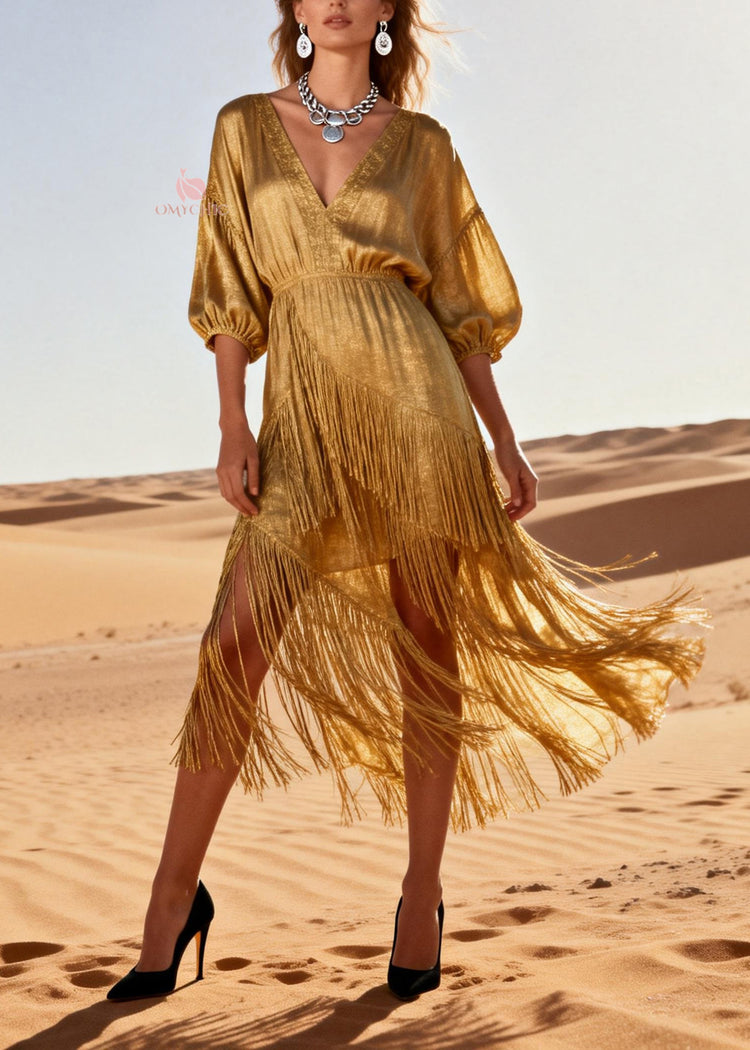 Modern Gold V Neck Tassel Patchwork Cotton Dress Summer - Omychic