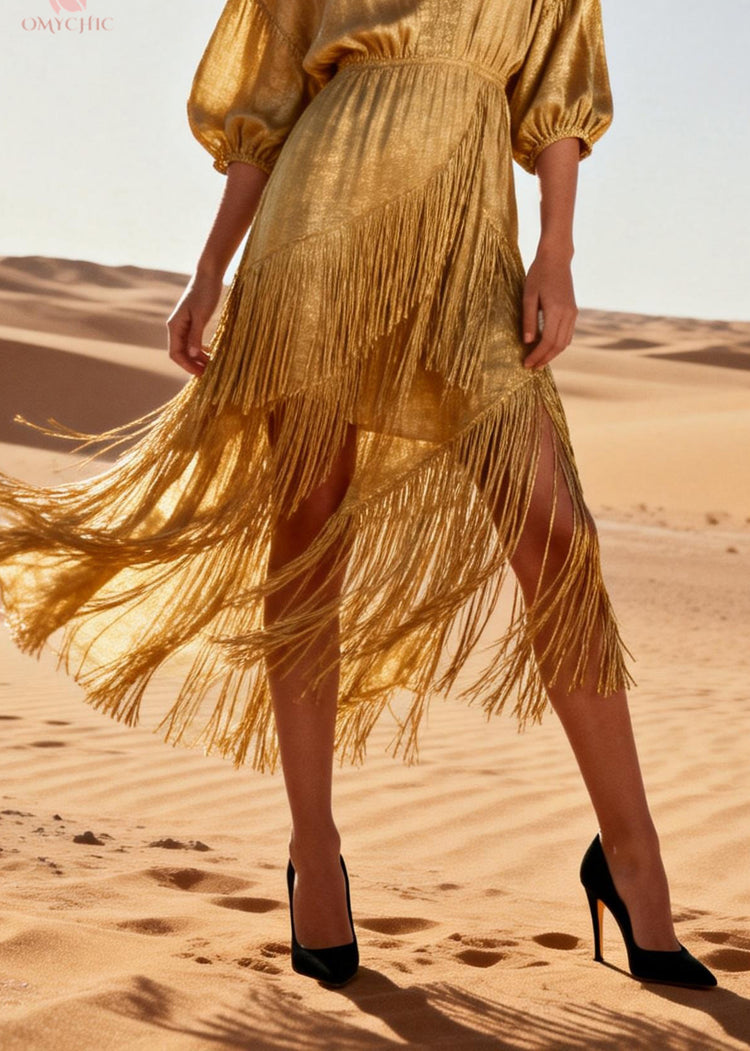 Modern Gold V Neck Tassel Patchwork Cotton Dress Summer - Omychic
