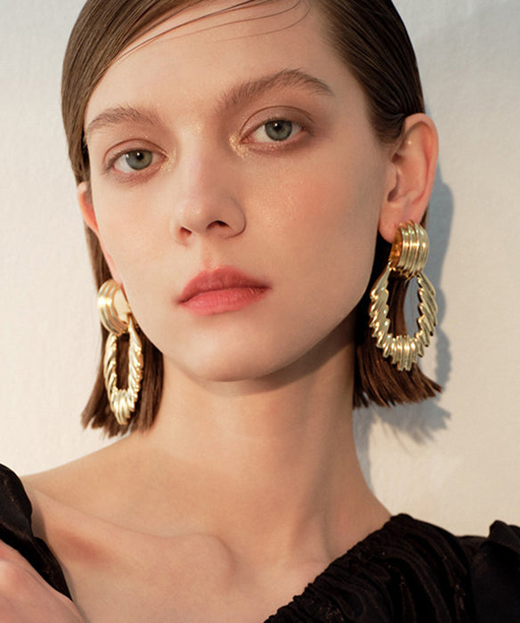 Modern Gold Wrinkled Hollow Out Exaggeration Gold Plated Drop Earrings