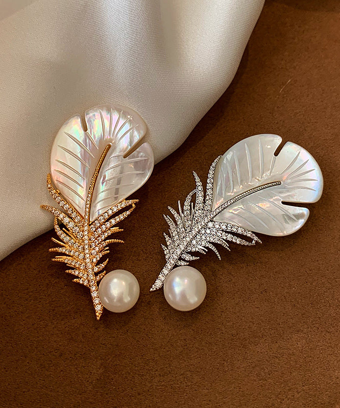 Modern Golden Feather Shape Pearl Fine Zircon Women Brooch - Omychic