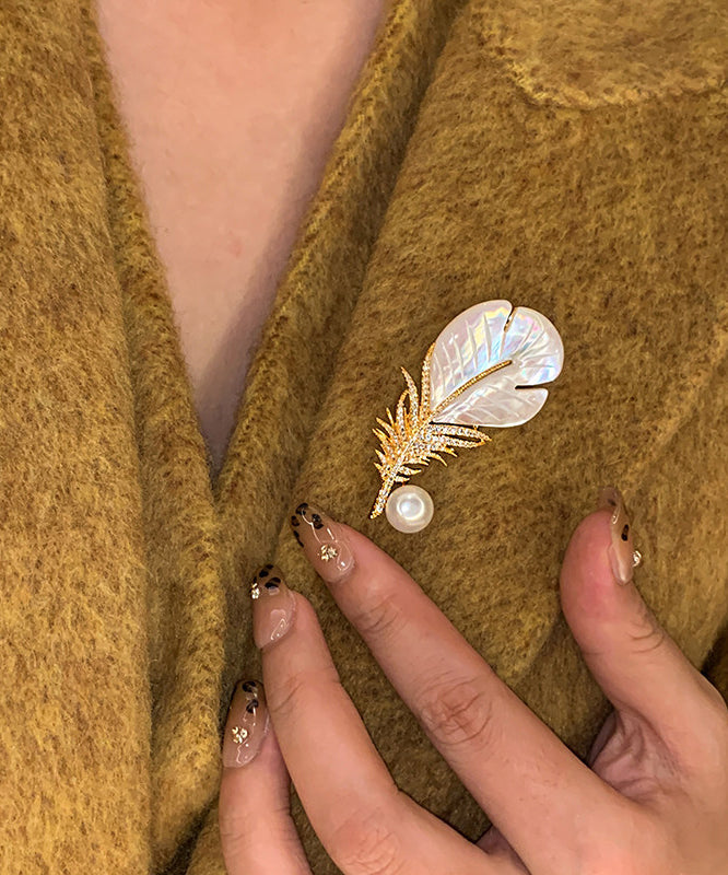 Modern Golden Feather Shape Pearl Fine Zircon Women Brooch - Omychic