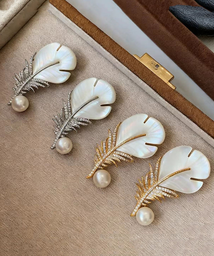 Modern Golden Feather Shape Pearl Fine Zircon Women Brooch - Omychic