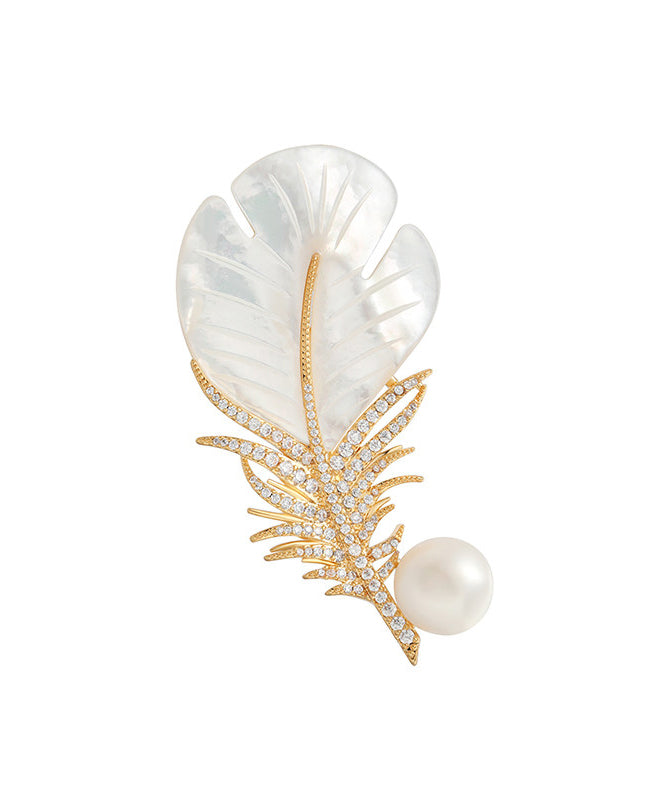 Modern Golden Feather Shape Pearl Fine Zircon Women Brooch - Omychic