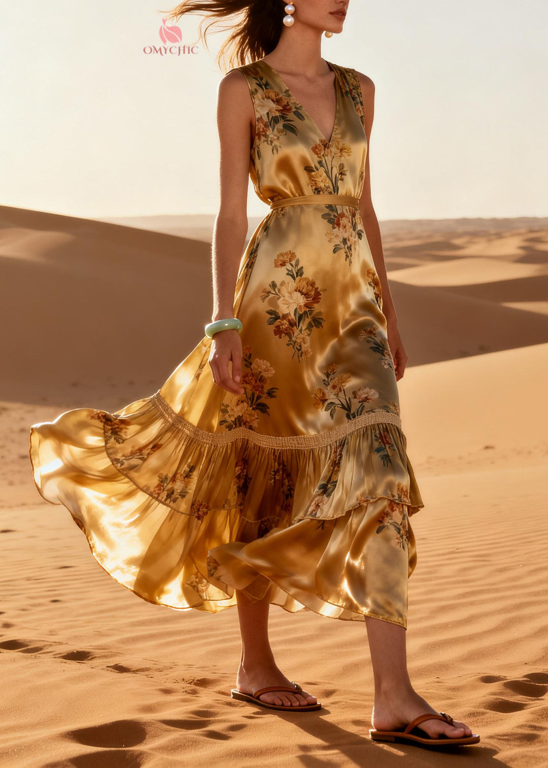 Modern Golden Print Exra Large Hem Silk Holiday Dress Summer