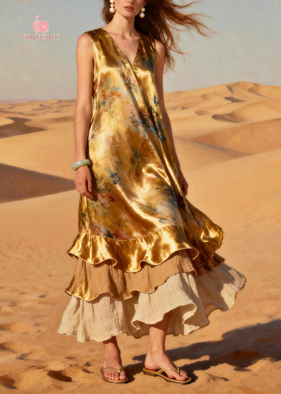 Modern Golden Ruffled Patchwork Silk Holiday Dress Summer