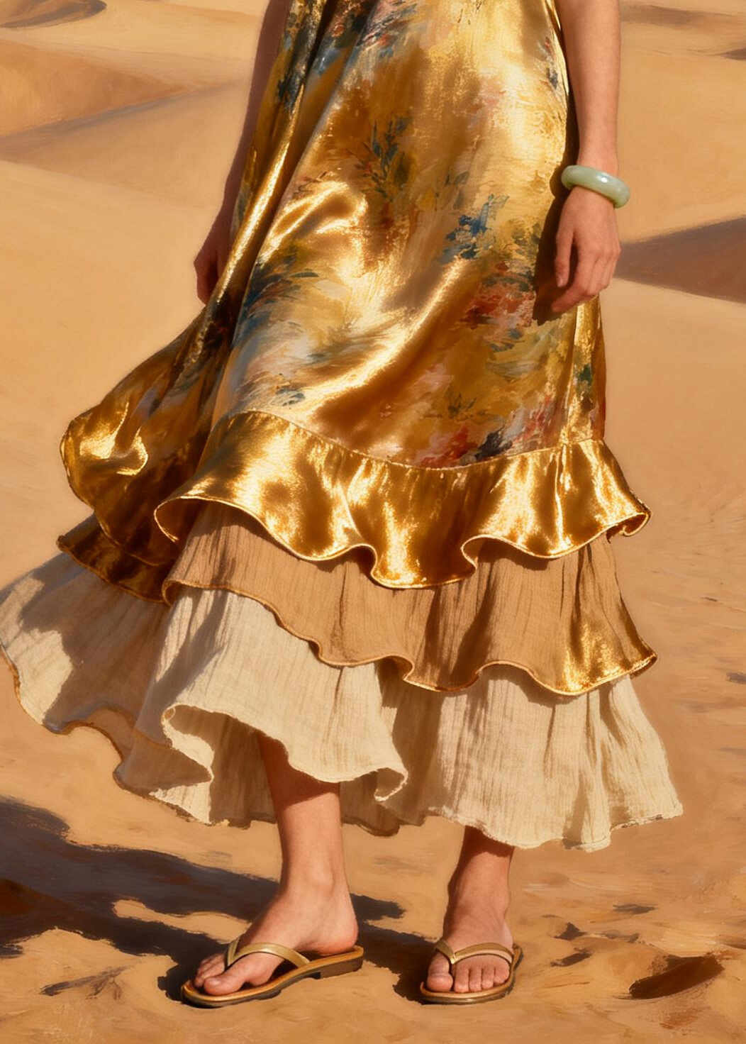 Modern Golden Ruffled Patchwork Silk Holiday Dress Summer