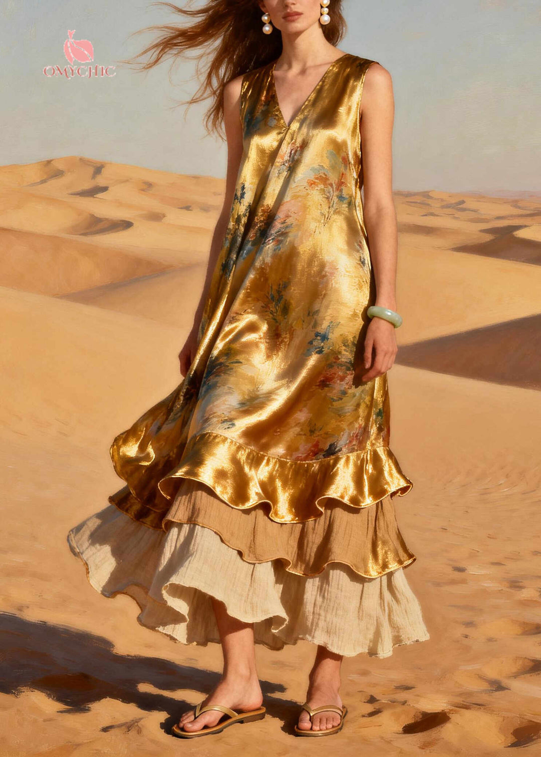 Modern Golden Ruffled Patchwork Silk Holiday Dress Summer