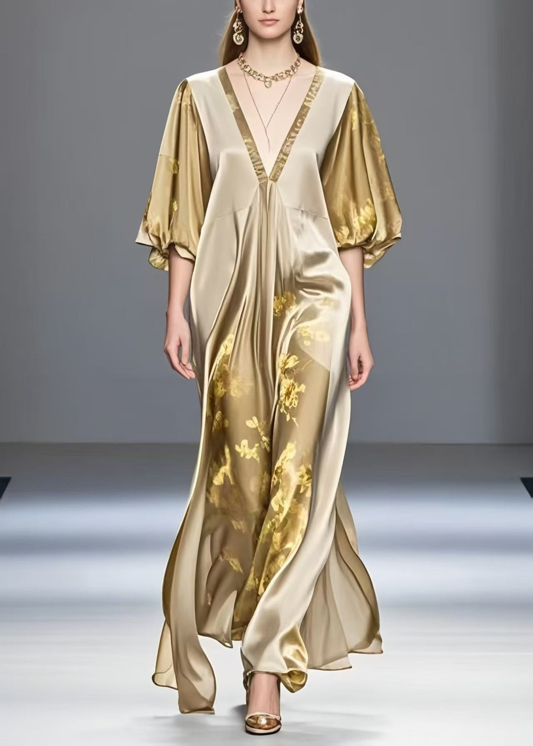 Modern Gradient Khaki V Neck Print Silk Dress Summer