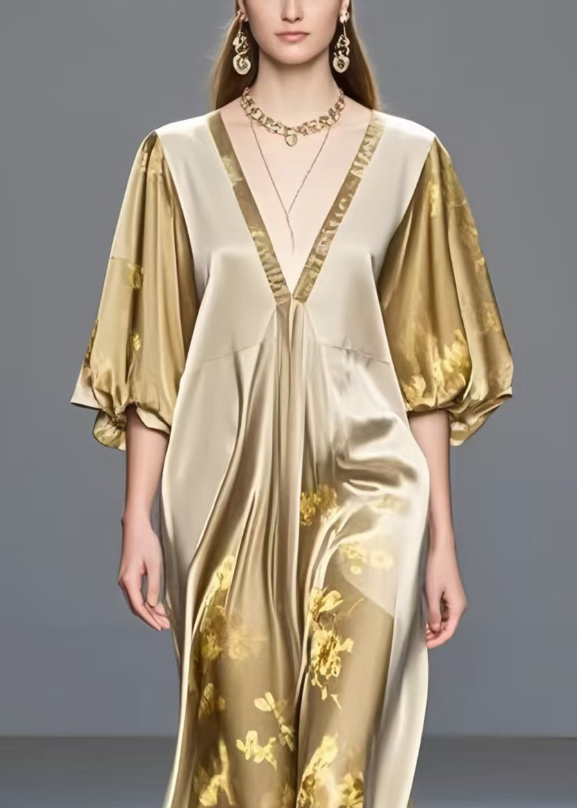 Modern Gradient Khaki V Neck Print Silk Dress Summer