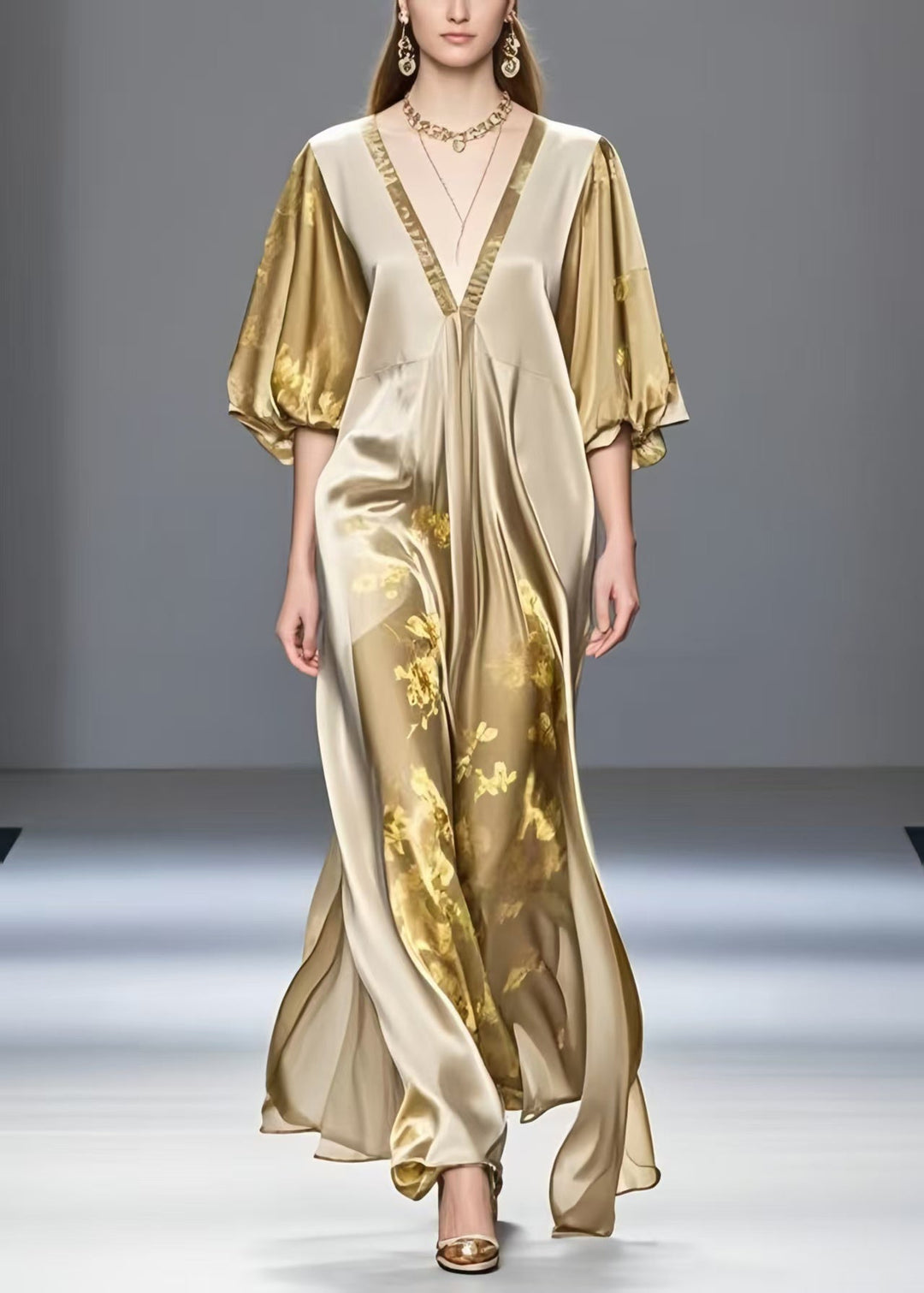 Modern Gradient Khaki V Neck Print Silk Dress Summer
