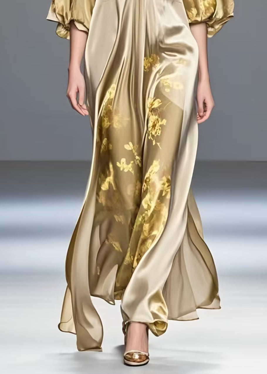 Modern Gradient Khaki V Neck Print Silk Dress Summer