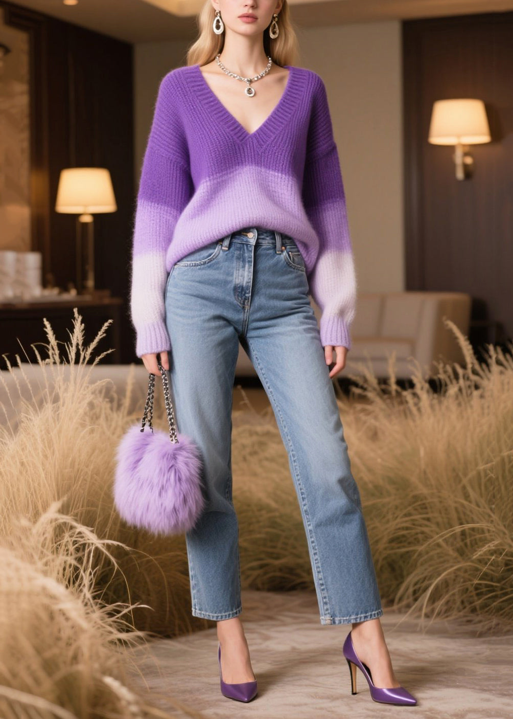 Modern Gradient Purple Oversized Warm Sweater Tops Winter