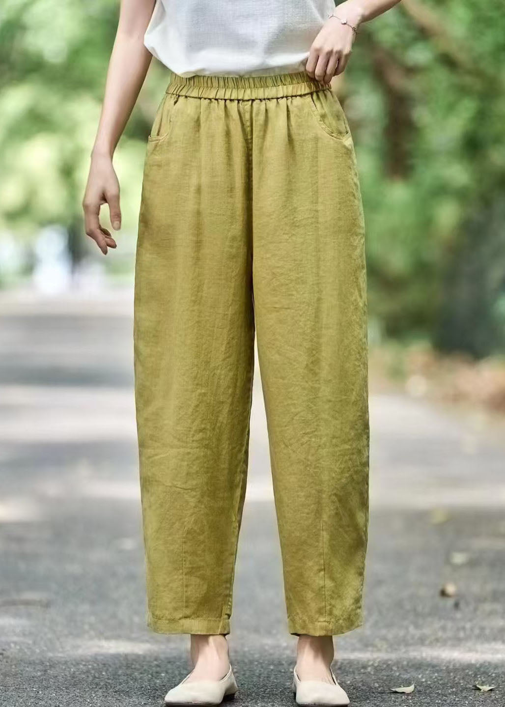 Modern Grass Green Elastic Waist Oversized Linen Harem Pants Summer