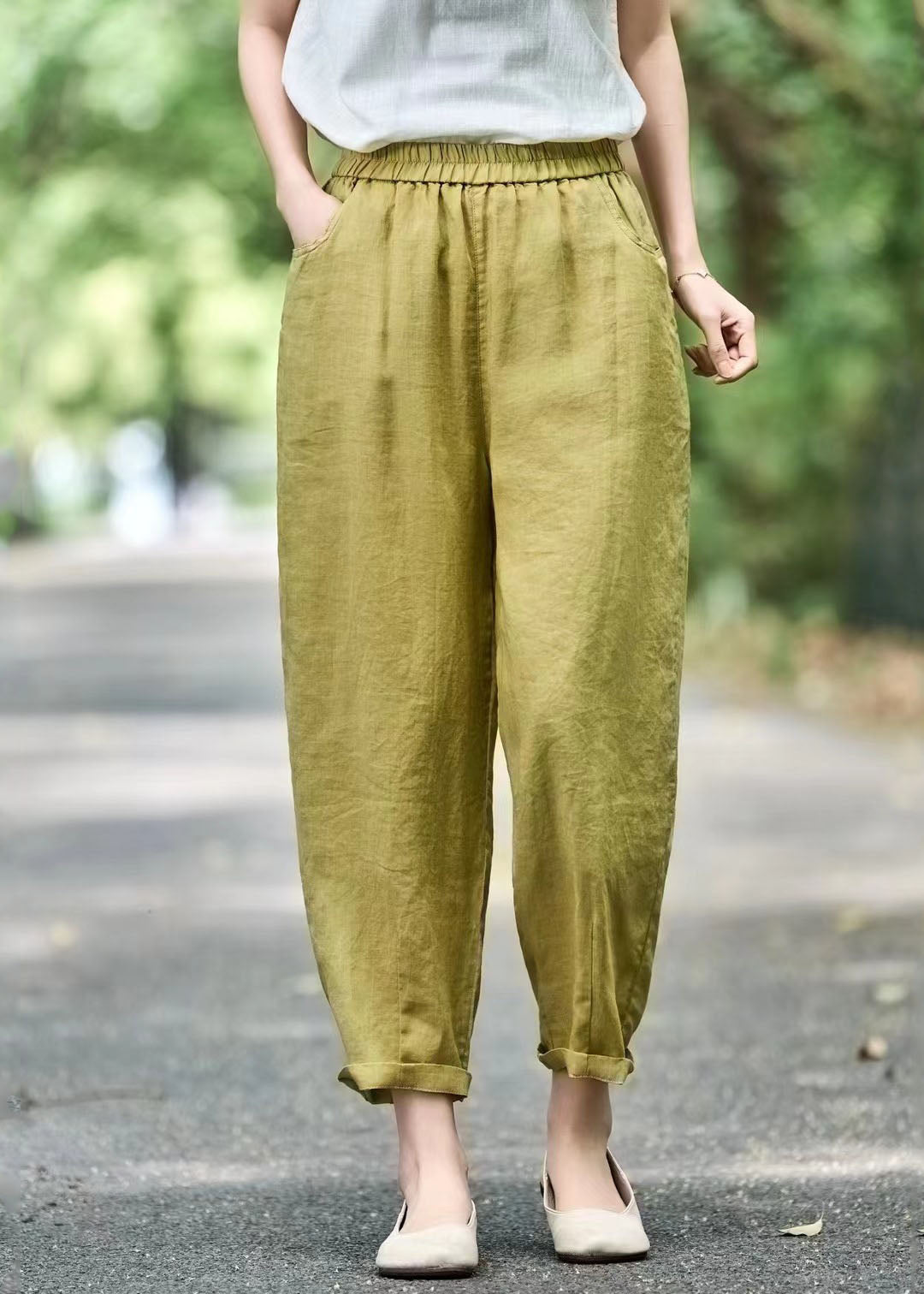 Modern Grass Green Elastic Waist Oversized Linen Harem Pants Summer