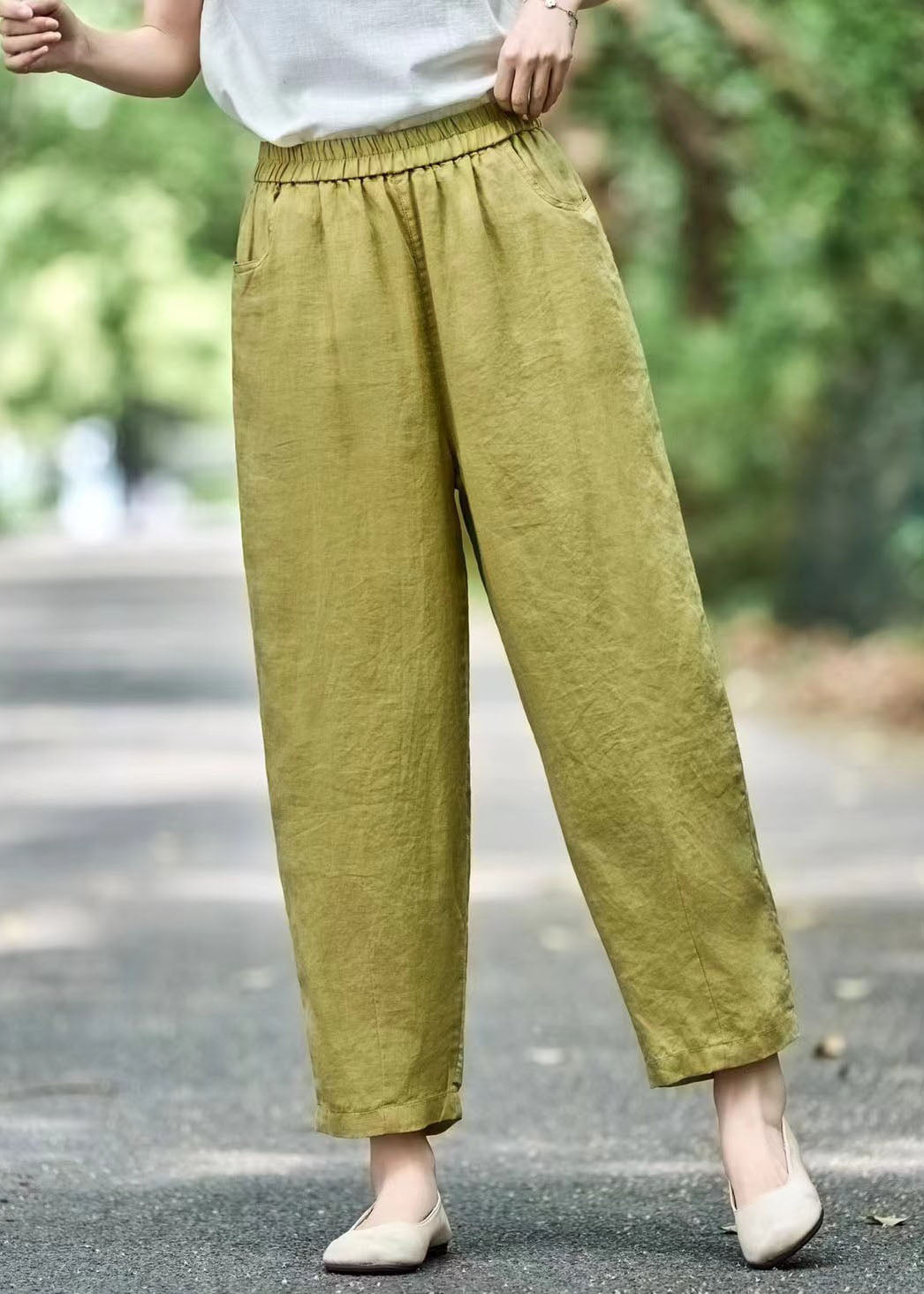 Modern Grass Green Elastic Waist Oversized Linen Harem Pants Summer