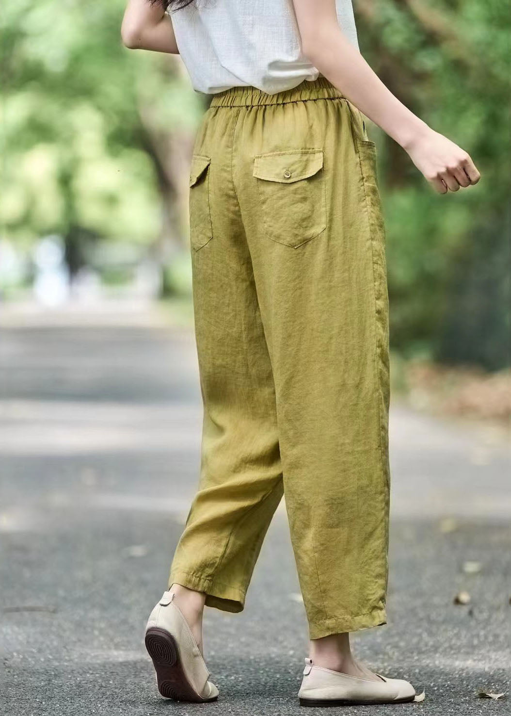 Modern Grass Green Elastic Waist Oversized Linen Harem Pants Summer