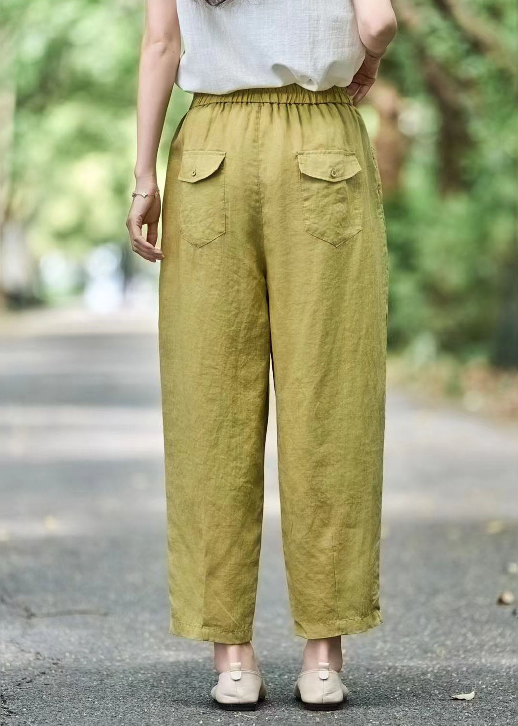 Modern Grass Green Elastic Waist Oversized Linen Harem Pants Summer