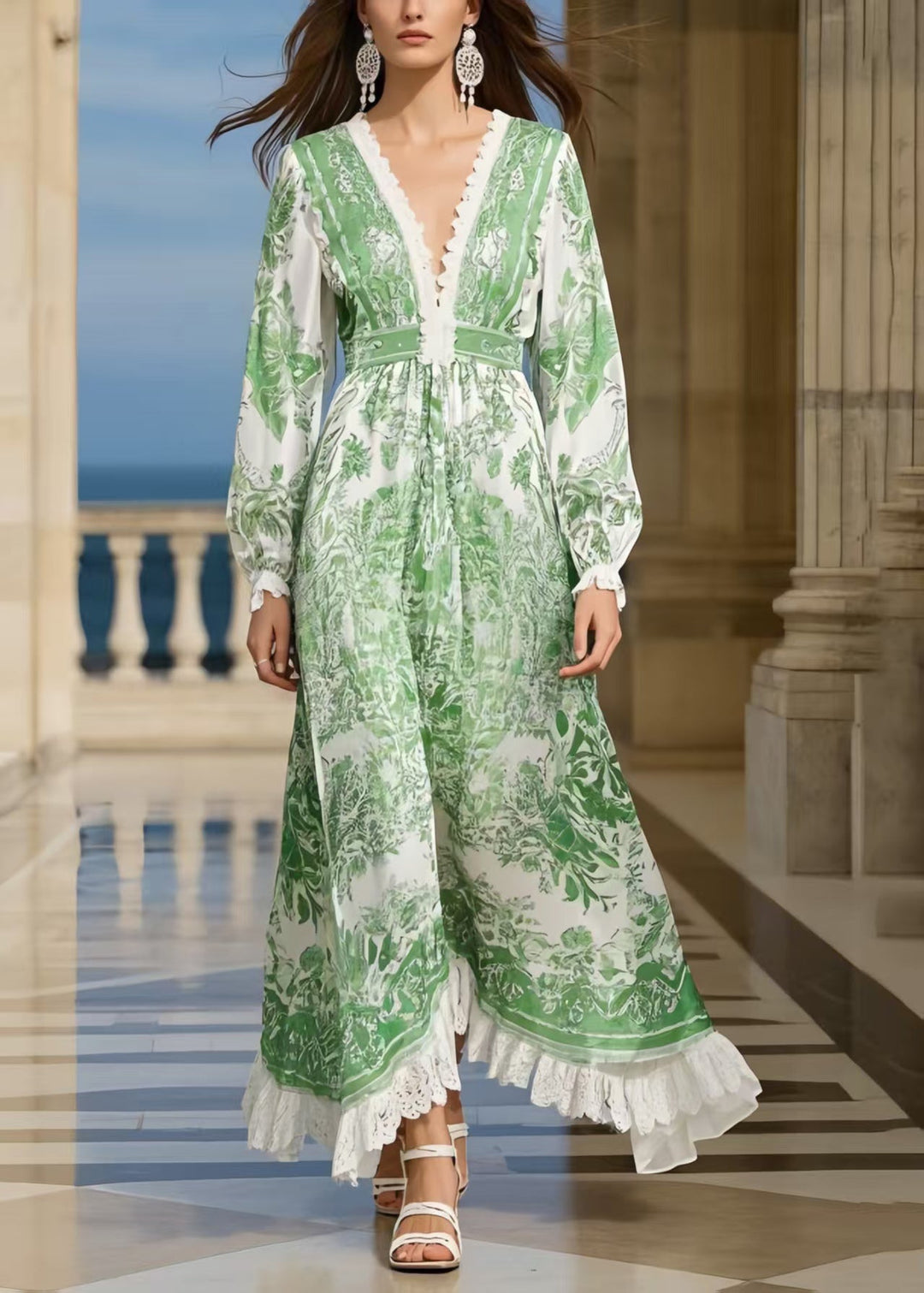 Modern Grass Green Print Patchwork Lace Long Dresses Spring