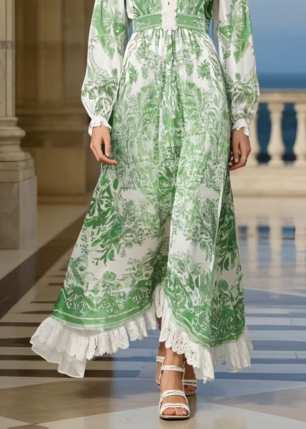 Modern Grass Green Print Patchwork Lace Long Dresses Spring