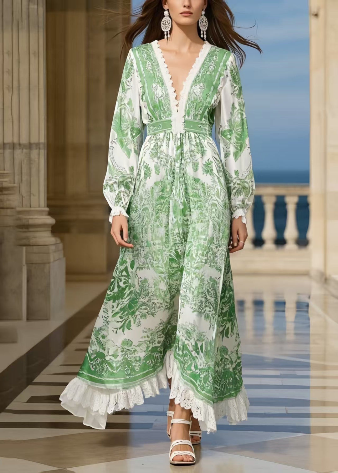 Modern Grass Green Print Patchwork Lace Long Dresses Spring