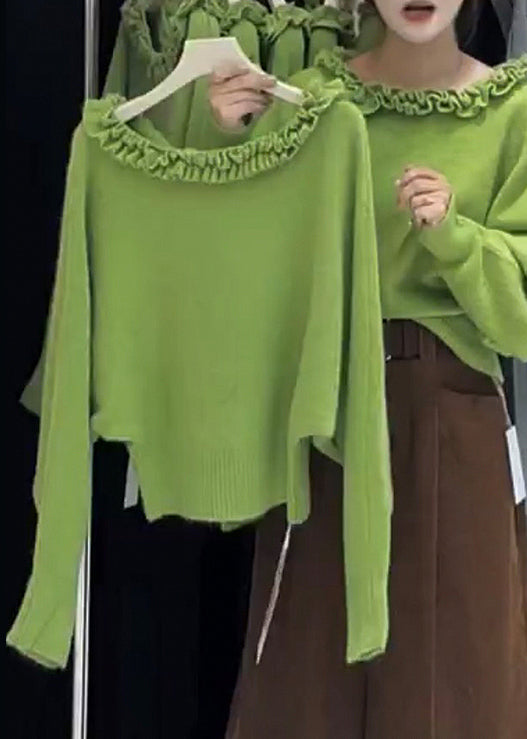 Modern Grass Green Ruffled Slash Neck Knit Sweater Tops Winter