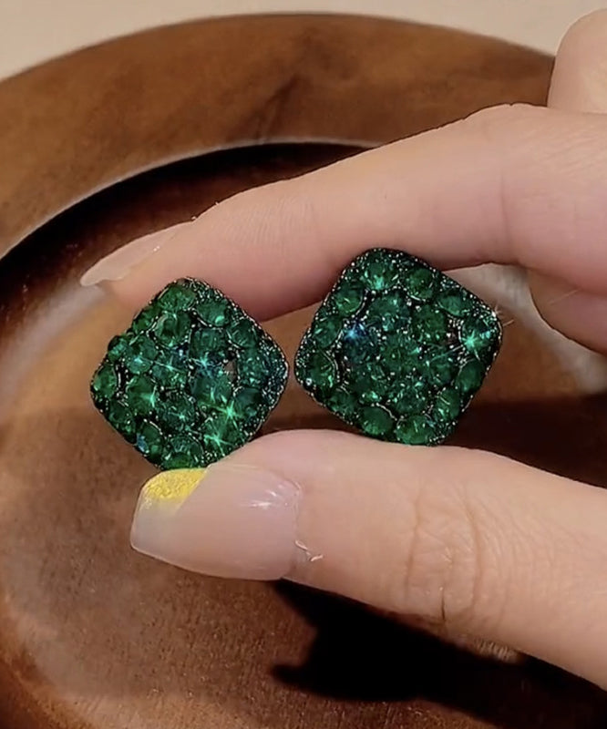 Modern Green Alloy Zircon Crystal Square Stud Earrings