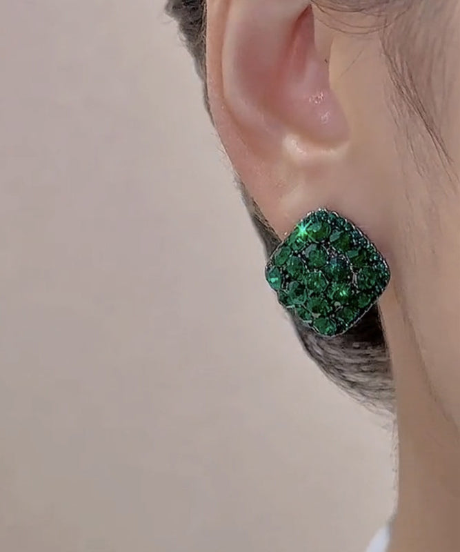 Modern Green Alloy Zircon Crystal Square Stud Earrings